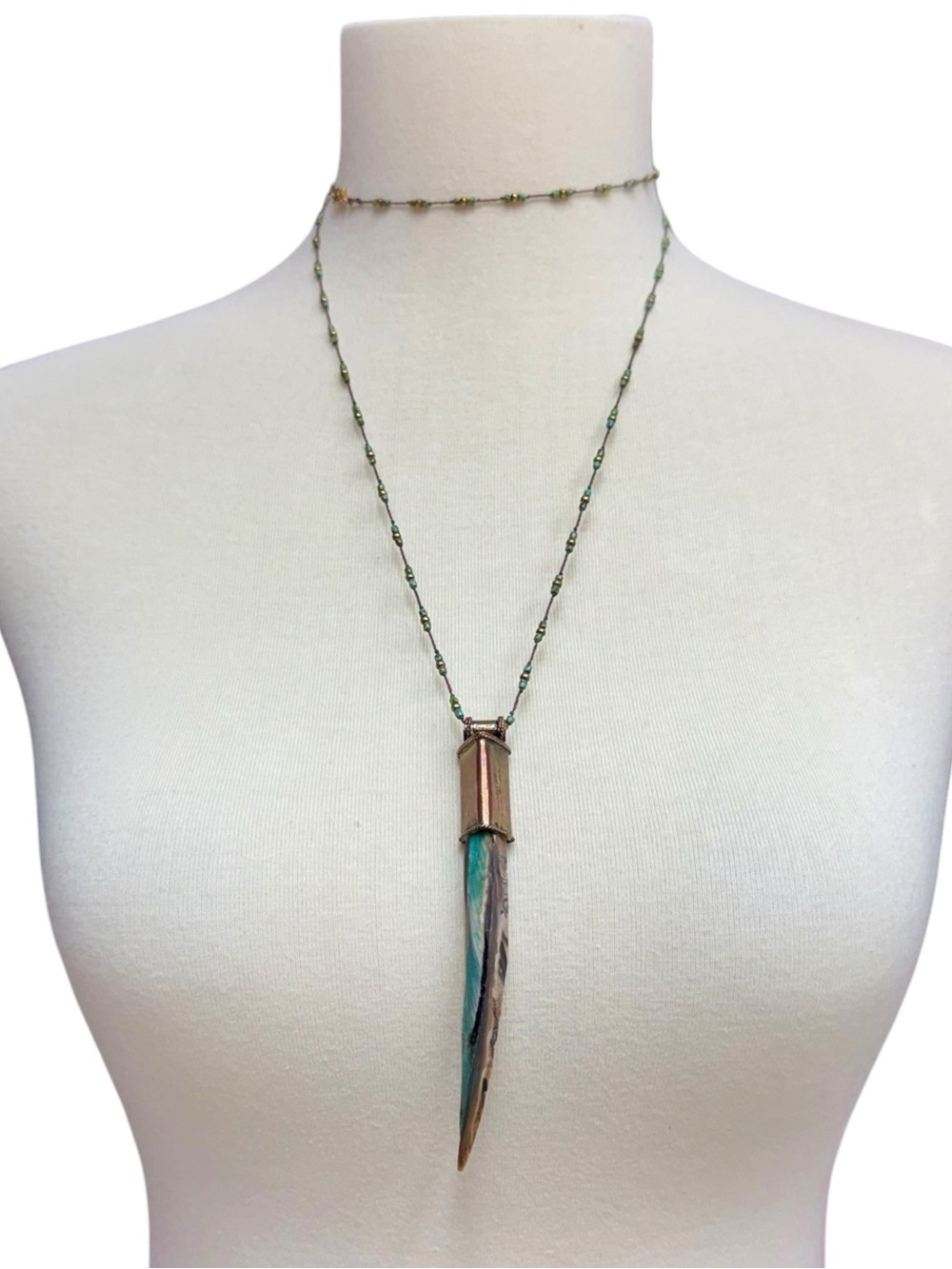 Vintage Abalone Horn Pendant Beaded Necklace Boho Tribal Statement Necklace